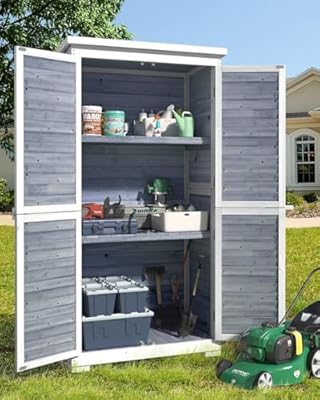 Gizoon Outdoor Storage Cabinet with 3 Shelves, Double Lockable Wooden Garden Shed with Waterproof Roof, Outside Vertical Tall Tool Shed for Yard Patio Lawn Deck-Grey