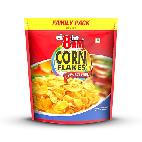 Image of 8AM Corn Flakes Family Pack 1kg, 92% Corn, 99% Fat Free, No Cholesterol, Trans Fat, Vitamin B3 & Iron, Crunchy & Nutritious Whole Grain Breakfast Cereal