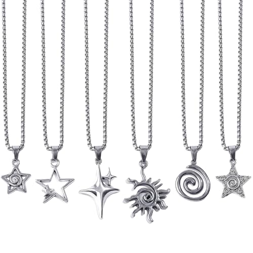 6PCS Y2K Necklace Grunge Jewelry Set for Women Silver Vintage Punk Emo Necklace Alt Jewelry Star Sun Pentagram Spiral Necklace Stainless Steel Punk Alt Alternative Jewelries Emo Gothic Accessories.