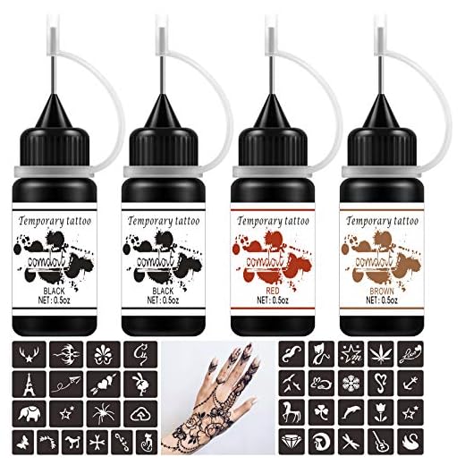 Comdoit Temporary Tattoos Kit Semi Permanent Tattoo Jagua Gel Freehand Ink DIY Tattoos Fake Freckles 35 Pcs Free Tattoos Stencils Temp Tattoos for Women Kids Men Body Art Markers (4 Bottles)