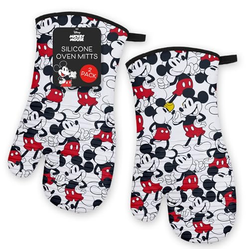 Image of Disney Silicone Oven Mitts Heat Resistant - Set of 2 Long Cuff Cotton Kitchen Mitts with Silicone Grip Stripes, Cute Oven Mitts & Pot Holders for Cooking, Baking & Kitchen Essentials- Mickey