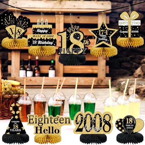Image of 9Pcs Black Gold 18th Birthday Decorations Honeycomb Centerpieces for Boys Girls,Happy 18th Birthday Centerpieces Tables Toppers Party Decorations Supplies,Vintage 2008 Aged Table Sign Decor