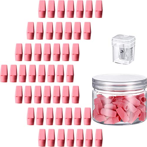 50 Pieces Pencil Top Erasers Cap Erasers And A Pencil Sharpener (Pink) #TOP28