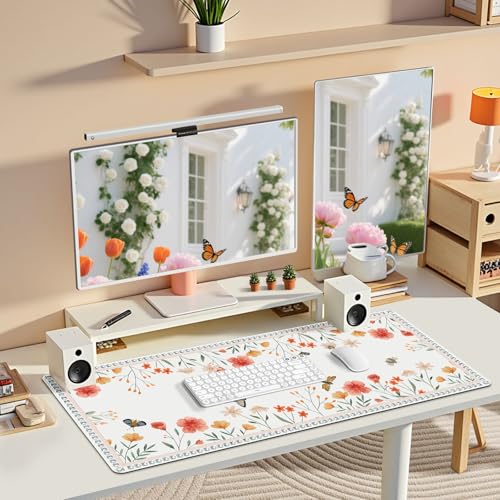 AIMSA Desk Mat for Keyboard and Mouse, Cute Desk Matt for Desktop, White Non-Slip Large Mouse Pad, Keyboard Mat with Stitched Edge, Floral Desk Pad Mat for Office Home — view 5