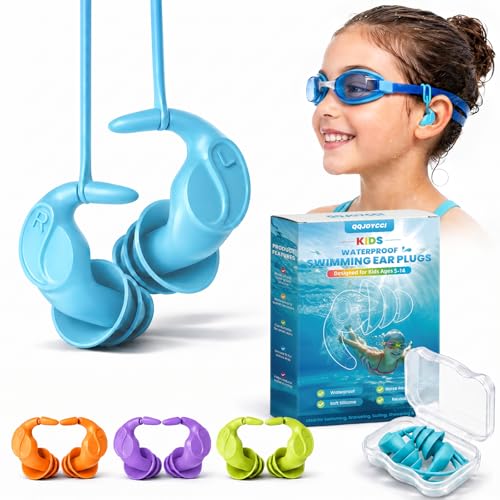 Kids Swim Ear Plugs - 4 Pairs Waterproof Silicone Earplugs for Children 5-14 Years with Detachable Cord 2 Wearing Styles Attaches to Goggles Reusable Ear Protection for Pool Swimming Lessons