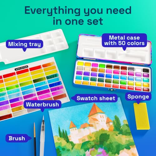 Image of ARTISTRO 50 Watercolor Paint Set with Palette & Brushes for Adults & Kids