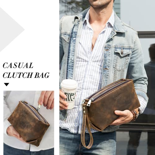 Contacts Full Grain Leather Double Zipper Clutch Bag for Men Travel Clutch Wallet Large Wristlet Purse with 6 Card Slots, Fit 8.3" iPad2