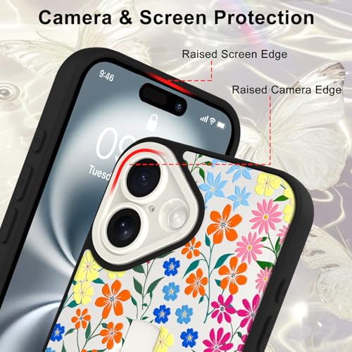 Image of for iPhone 16 Case with Finger Strap Holder, Cute Colorful Floral Flower Print Pattern Design for Women Girls, Shockproof Anti Scratch Hand Kickstand Protective Cover, White