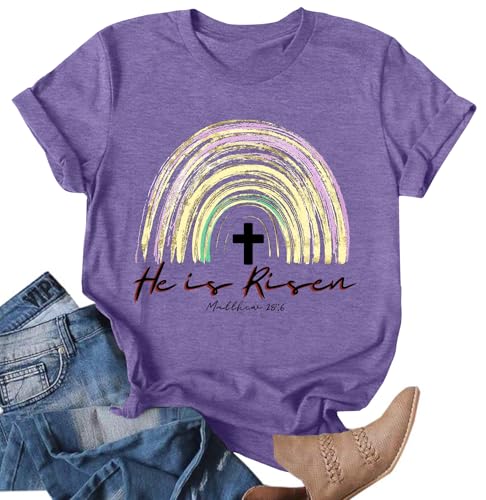 Image of Ithalt Easter Shirts for Women He is Risen Tshirt Easter Christian T-Shirt Jesus Lover Short Sleeve Tops