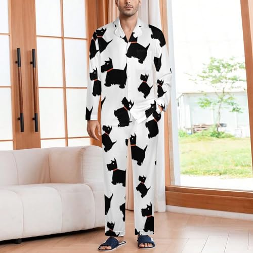 Scottish Terrier Dog Mens Long Sleeve Pajamas Set Soft Button Down Sleepwear Lounge Pjs Set with Pockets2