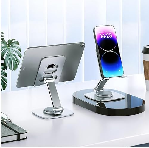 iShowMount Swivel Phone Tablet Stand for Desk,[360° Rotation] Portable & Foldable Cell Phone Tablet Stand, Office Desk Accessories for iPhone 17 16 15 14 Pro Max Air, Galaxy S25-Silvery