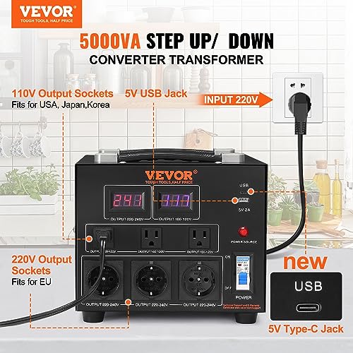 Image of VEVOR Voltage Converter Transformer, 5000W, Heavy Duty Step Up /Down Transformer, Convert from 110 Volt to 220 Volt and from 220 Volt to 110 Volt, with US Outlet EU Outlet 5V USB Port, CE Certified