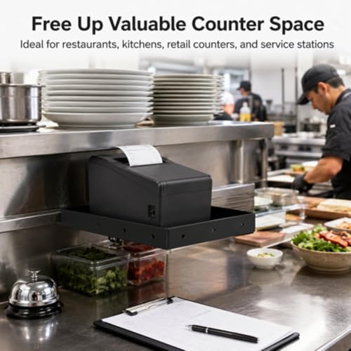 Image of Shimeyao Metal Printer Tray for POS & KDS Printers, 10.24 x 6.5 Inch Thermal Printer Stand, Wall or Shelf Mount, 4 Mounting Holes Each Side, Built in Cable Management for Kitchen, Restaurants, Retail