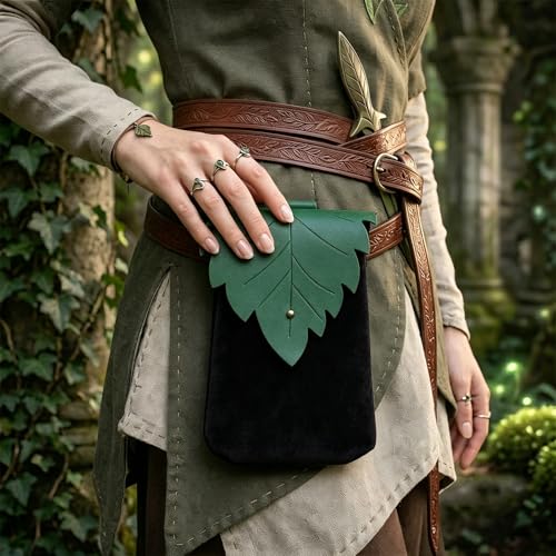 Image of Leather Belt Pouch Medieval Vintage Renaissance Viking LARP Cosplay Costumes Drawstring Coin Purse Phone Holder Waist Bag (Leaf Black02)
