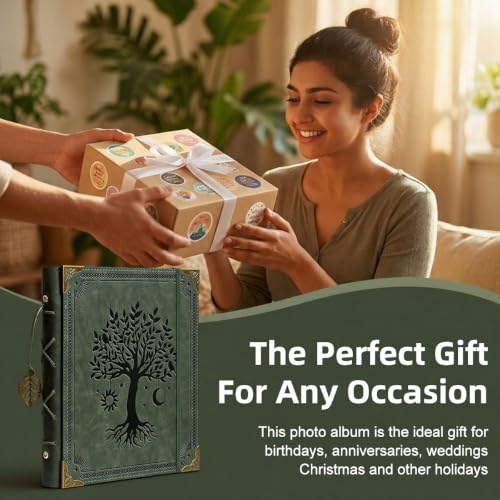 Image of HASTHIP Vintage Photo Album 4x6 Leather Scrapbook Album with Writing Space Refillable Memory Book Tree of Life Design for Travels Anniversary Family Keepsakes
