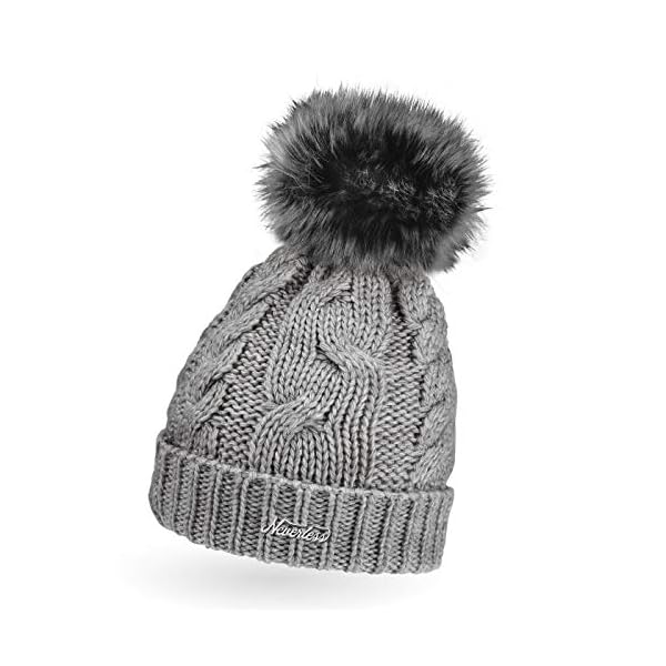 Neverless® gefütterte Damen Strickmütze mit Fell-Bommel und Fleece Futter, Winter-Mütze, Bommelmütze