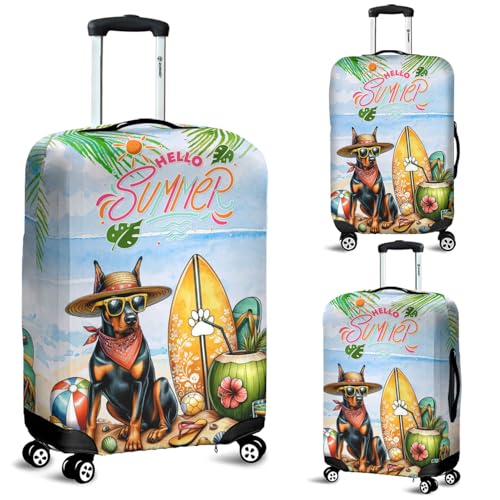 Doberman Pinscher Hello Summer with Sunglasses and Surfboard Tropical Vibes Travel Luggage Cover Doberman Dog Lover Gifts Suitcase Dust Protective Decor - 000072