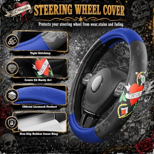 ED HARDY Heart Print Steering Wheel Cover, Blue Leather Universal Car Streeing Cover, Fits 14.5-15.5 Inch Steering Wheels, Anti-Slip Comfortable Grip, Durable Auto Interior for Cars, SUVs, Trucks by ED HARDY - Used condition - Image 4