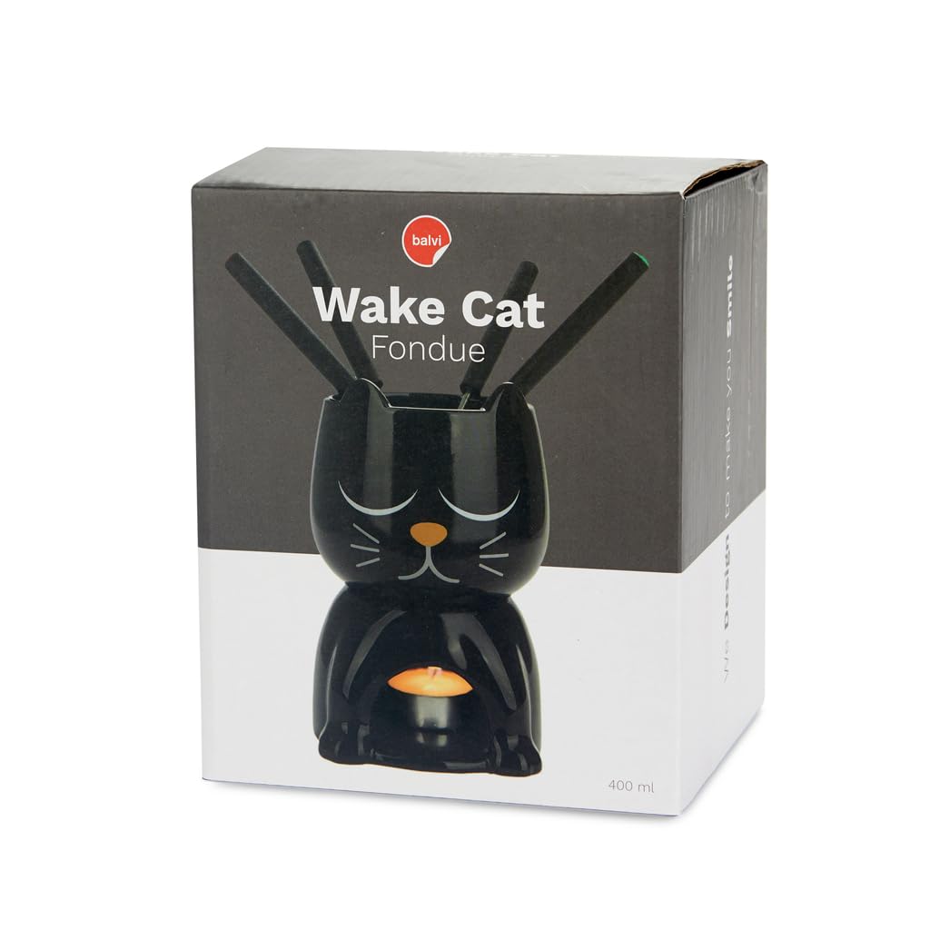 Balvi Fondue Wake Cat Color Negro Termosensible, el Gato Abre los Ojos Cuando se calienta Cerámica
