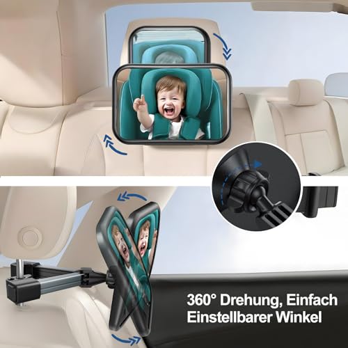 SURFOU Autospiegel Baby Rücksitz Spiegel Auto Baby Rückbank mit Hakenclip 360 ° Drehbar, 100 % Bruchsicher, Klare und Breite Sicht, für Kindersitz, Rückspiegel Zubehör