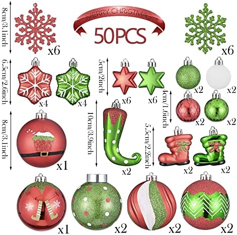Valery Madelyn 60pcs 3-8cm Shatterproof Christmas Baubles, Delightful Elf Red Green and White Christmas Ball Ornaments for Christmas Tree Decorations