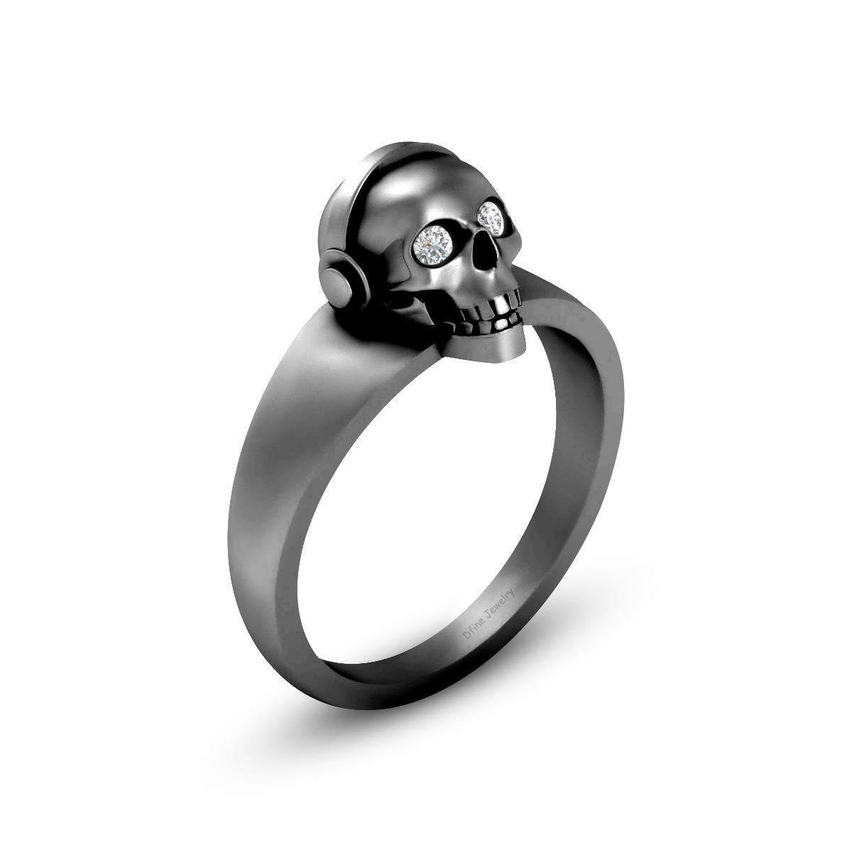 Diamante Occhi Indossare Cuffia DJ Cranio Anello di Fidanzamento Pistola Metallo Fn 14k Oro Bianco Unisex Cranio Anello