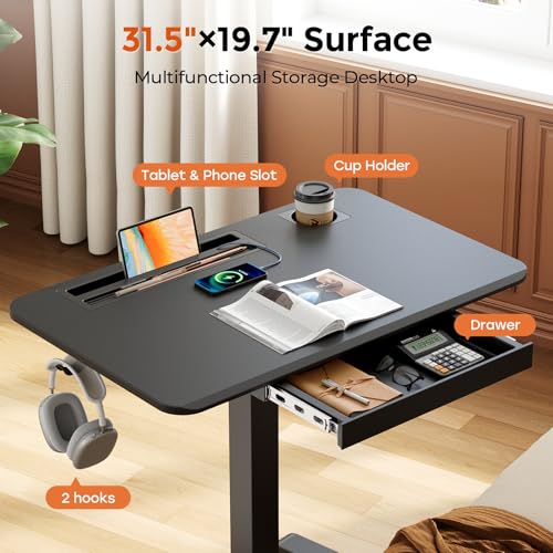 Image of Mobile Standing Desk with Drawer, 32 inch Rolling Desk with Cup Holder and Hooks, Portable Laptop Cart on Wheels, Height Adjustable Workstation with Storage for Home Office, Black
