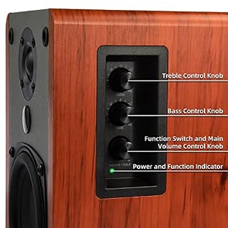 SINGING WOOD (Version 2021 BT25 Enceintes d'étagère Actives Bluetooth 5.0 avec amplificateur intégré - 2 entrées AUX - Télécommande à Fonctions complètes - 50 Watts RMS (Bois de Cerisier) – Image 6