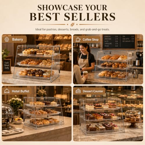 Image of WantJoin Pastry Display Case, 22-inch 2-Tier Countertop Display Case with Magnetic Doors & 3 Trays, Acrylic Commercial Food Display for Bakery, Bread, Dessert,