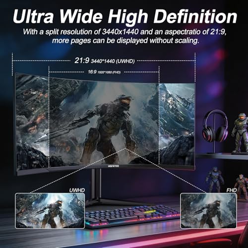 Image of 34 Inch Curved Gaming Monitor, 21:9 WQHD 3440x1440 165Hz 1500R Ultrawide Computer Screen, 1ms(MPRT) FreeSync, 100% sRGB, PBP, HDMI 2.0 & DP 1.4, VESA 75x75mm, Tilt & Swivel for Office Work&Gaming