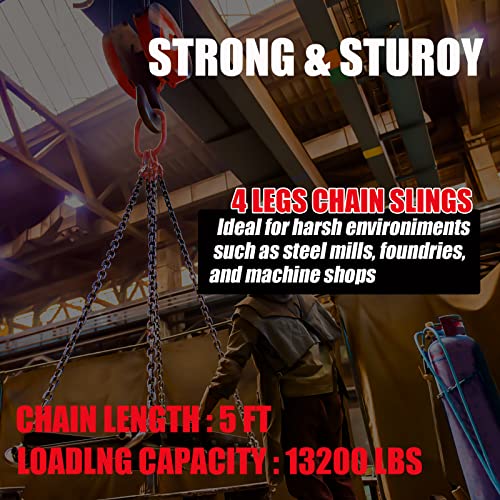 Fithoist 5 Ft 4 Leg Chain Sling 5/16”, 6 Ton, G80 Alloy Steel 4 Way Chain Slings Quadruple Leg Slings Lifting With 4 Safety Grab Hooks Heavy Duty For Engine Hoist Lifts #TOP5
