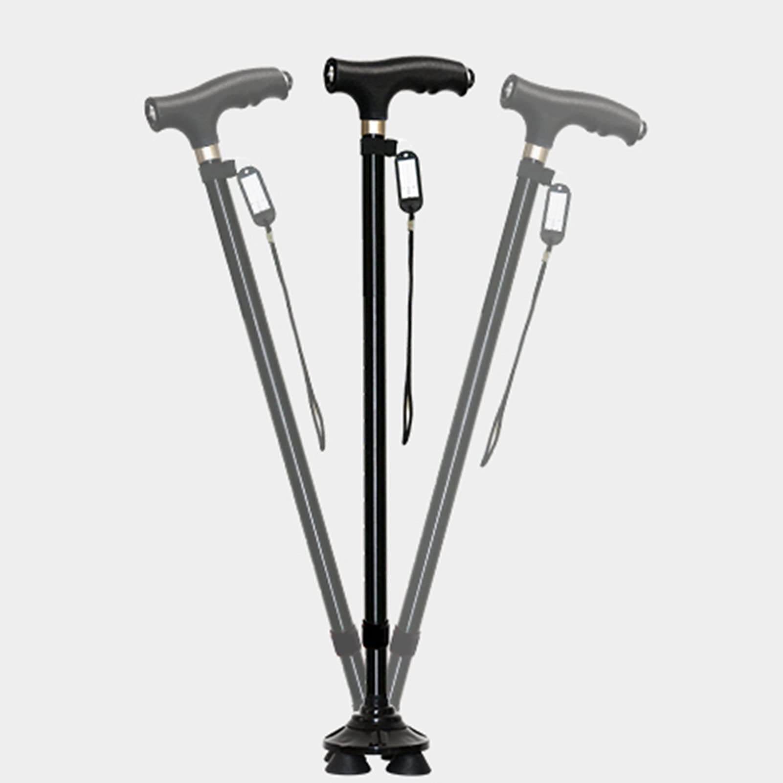 Bastón para Ancianos Bastones multifuncionales de aleación de Aluminio, Bastones de Cuatro Patas, Bastones telescópicos para Ancianos con Luces LED (Color : Negro)
