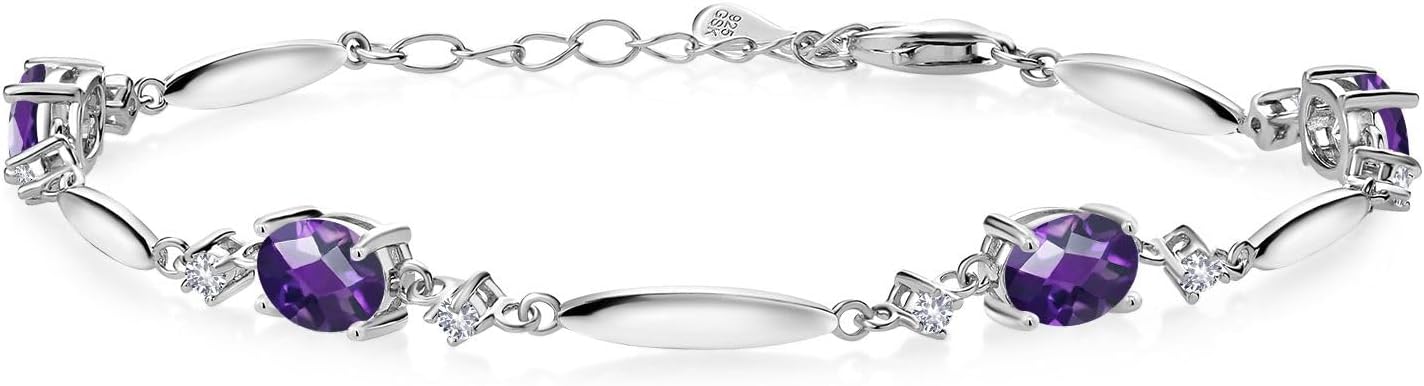 Gem Stone King 925 Sterling Silver Gemstone Birthstone and White Created Sapphire Tennis Bracelet For Women | Oval 7X5MM and 2MM | 6 Inch + 1 Inch Extender | Fine Jewelry for Her Mom Wife