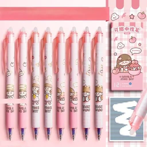 Image of KmCho Pink Erasable Gel Pens, 0.5 mm Fine Tip - Blue Ink in Pink Barrel, 12Pcs Cute Cartoon Design, Smooth Quick-Dry Writing Pens for School, Office