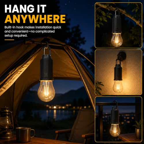 Image of Solar Powered Rechargeable Camping Light Bulb with Hanging Hook, Portable LED Tent Lantern with USB Type-C Charging for Camping, Hiking, Trekking, Emergency, Outdoor & Home Use, Pack of 2
