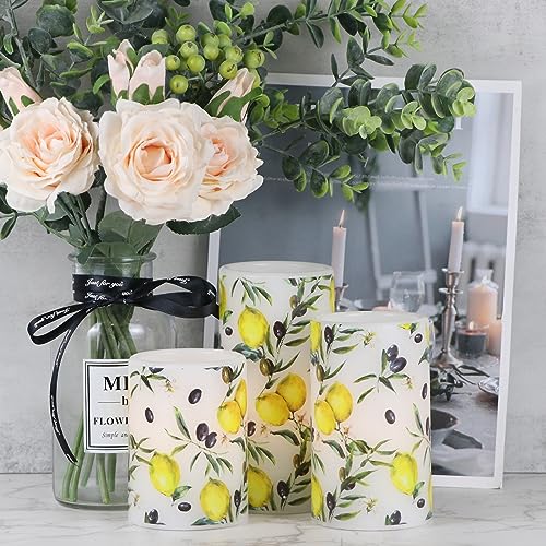 Image of Flameless Pillar Wax Candles with 6 Hour Timer Battery Operated 3 Packs Lemon Decals LED Flickering Candles Yellow Light Holiday Wedding Spring Home Decoration Candle(3 x 4, 5, 6 Inches)