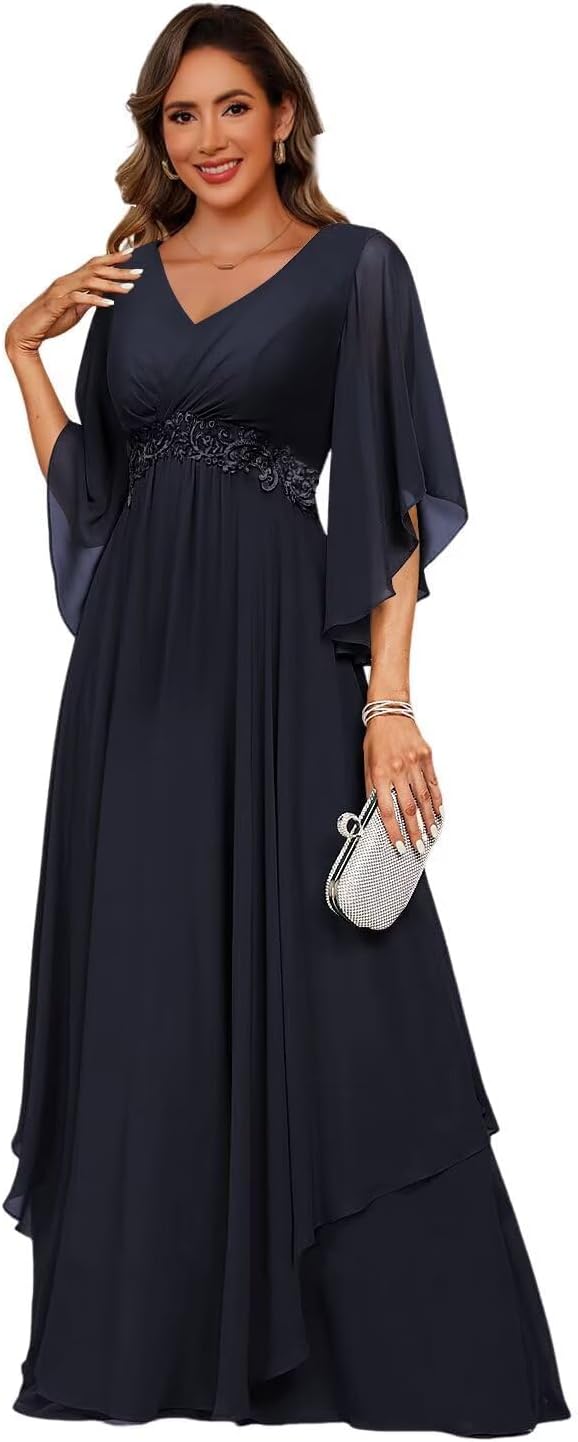 Women's Chiffon Mother of The Bride Dresses with 3/4 Sleeve A-Line Ruched Lace Applique V Neck Formal Gowns