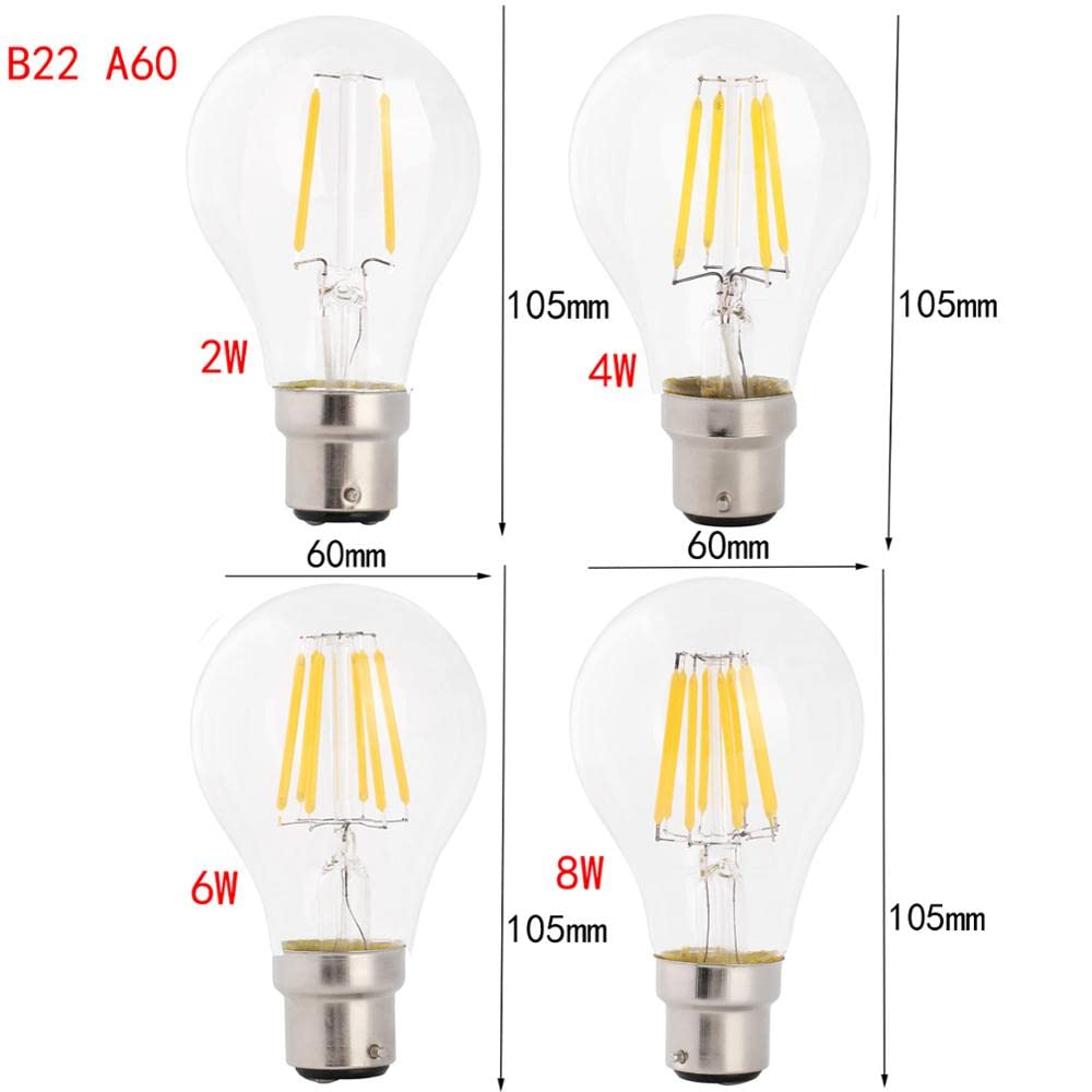 1fortunate Paquete de 20, lámpara de luz con filamento LED Retro AC220V E27/B22 2W/4W/6W/8W A60 bombilla Led Edison Vintage carcasa de vidrio transparente(Cold White,E27 4W)