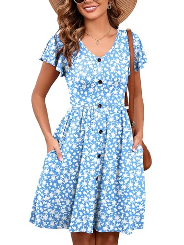 Heymoments Women Summer Dress Butterflies Medium Ruffle Sleeve V Neck Casual Cute Loose Sundress Comfy Swing Button Down Midi Work Flowy Tunic Ladies Beach Vacation Teacher Dresses with Pockets