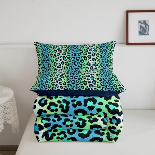Image of Feelyou Leopard Bedding Set Blue Green Cheetah Print Comforter Safari Comforter Set for Kids Boys Girls Animal Fur Print Duvet Set Kids Room Decor with 2 Pillow Case