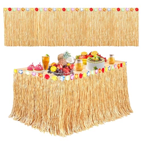 Rainway Faldón de mesa hawaiano, 275 x 75 cm, hierba luau, decoración de fiesta, falda hawaiana natural con cierre de , para decoración de fiestas tropicales hawaianas (amarillo paja)