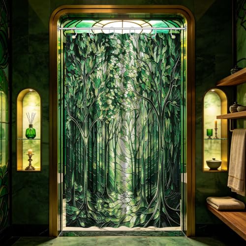 puuiui Forest Green Stall Shower Curtain, 36x72 in Small, Stained Glass | for Stand Up Shower, Dark Hunter Forest Abstract Theme, Rv Camper Bathroom Decor, Waterproof Fabric, with Hooks