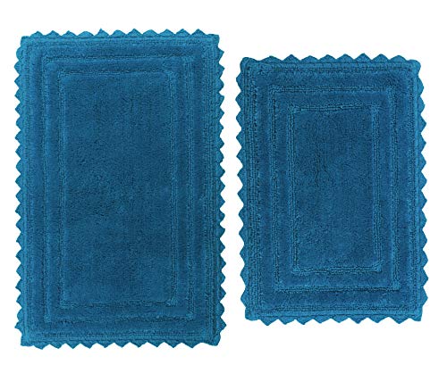 Treewool, (Set Of 2 Bath Rugs With Crochet Border In Plush Cotton, Reversible - Rectangle (21" X 34" & 17" X 24"; Teal) #TOP1