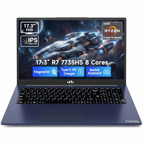 Image of NIMO 17.3 inch Gaming Laptop, AMD Ryzen 7 7735HS (8C /16T, Up to 4.75GHz), 32GB DDR5 RAM, 1TB PCIe 4.0 SSD, 100W PD Fast Charging, FHD Display, Backlit KB, Fingerprint, SD Card Reader, Windows 11