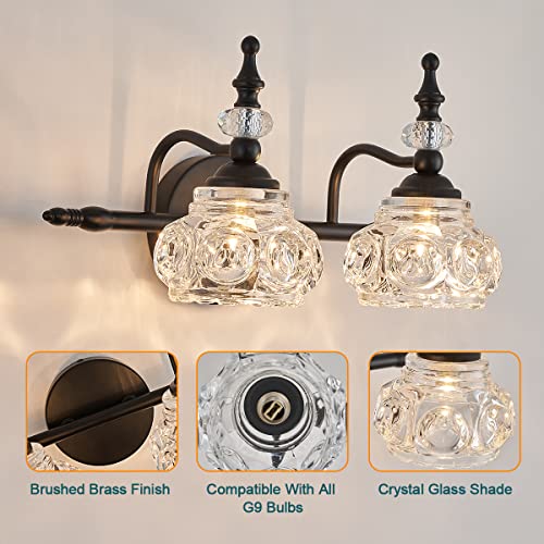 Zilanl Bathroom Vanity Light Fixtures, 2-Light Vintage Crystal Wall Lights, Painted Black Surface, Thick Crystal Glass Shade, Vintage Wall Sconce For Bathroom, Bedroom, Living Room #TOP1
