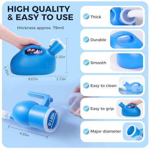 Portable Urinals for Men Spill Proof 2000ml/0.53 GAL with 60" Long Hose and Lid, Men Urinal Bottle Reusable Male Pee Bottle for Elderly, Hospital, Travel, Camping