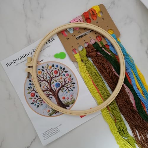 Image of Esffaci Embroidery Starter Kit for Adult Beginner with Colorful Flower Tree Pattern Hand Embroidery Set with Cloth Hoop Needle Threader Floss and Instruction