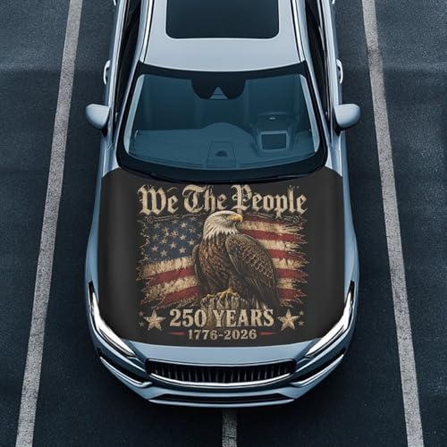 Image of Vintage Patriotic Print Car Hood Cover Elastic Washable Dustproof Engine Cover Decoration, Automotive Hood Covers Suitable for SUV Van Pickup