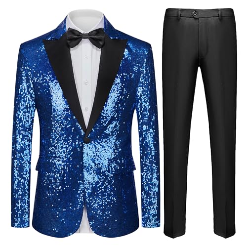 Men's Suits Sequin Disco Suit Paisley Party Shiny Tuxedo for Men Floral Suit Jacket Pants US Size XL Blue