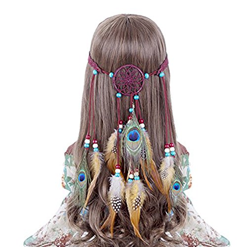 Hippie Headband Feather Dreamcatcher Headdress - AWAYTR Boho Feather Headwear Feather Headpiece Hippie Peacock Feather Festival Hair Band (Dark red)
